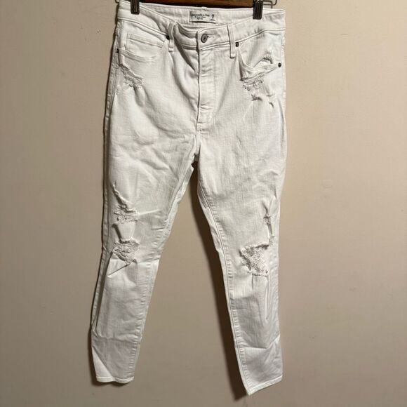 Abercrombie & Fitch The Super Skinny High Rise White Distressed Jeans Size 6 28R - Picture 2 of 6